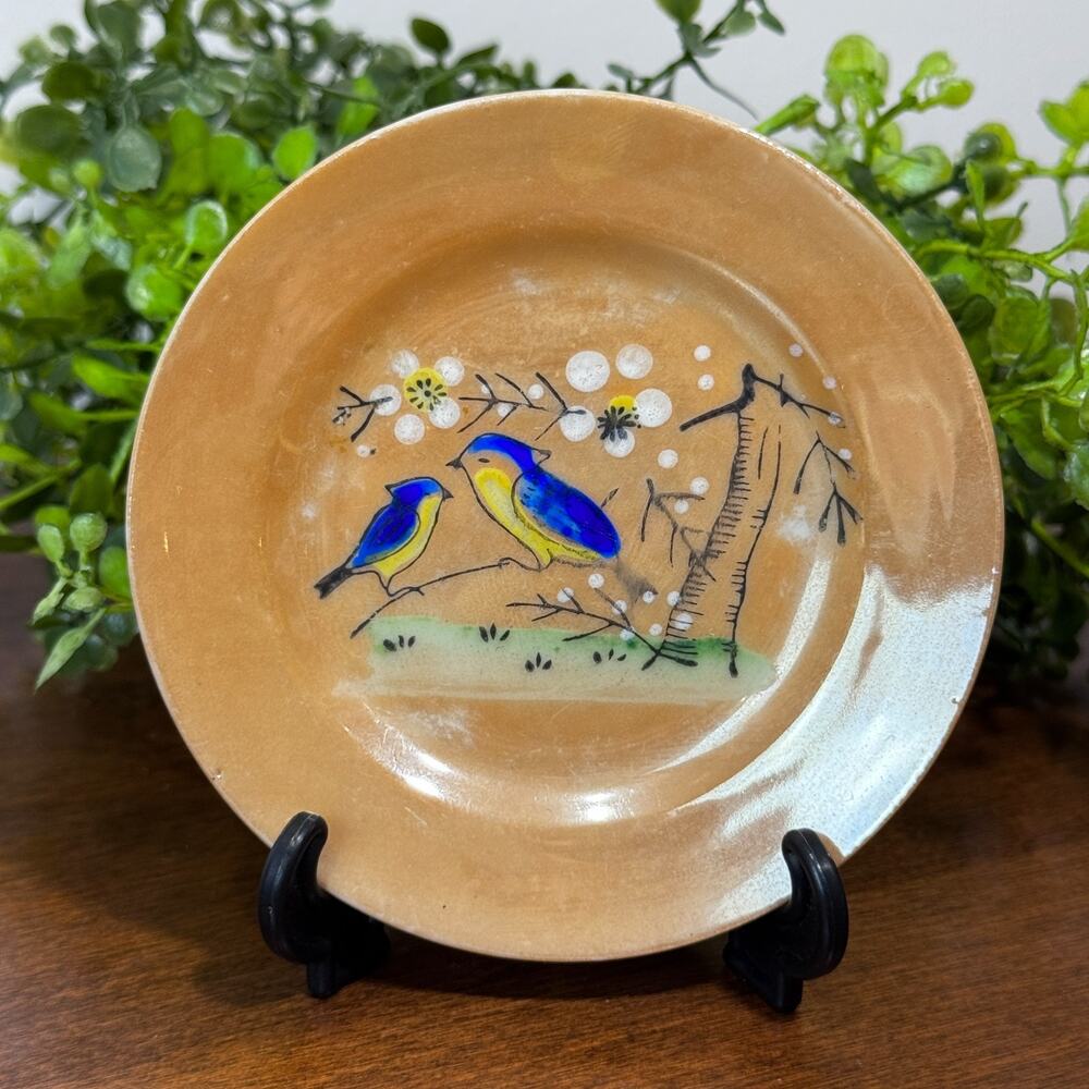 Vintage Japan Hand Painted Bird Plate 4" Blue Yellow Birds Lusterware Butter Pat